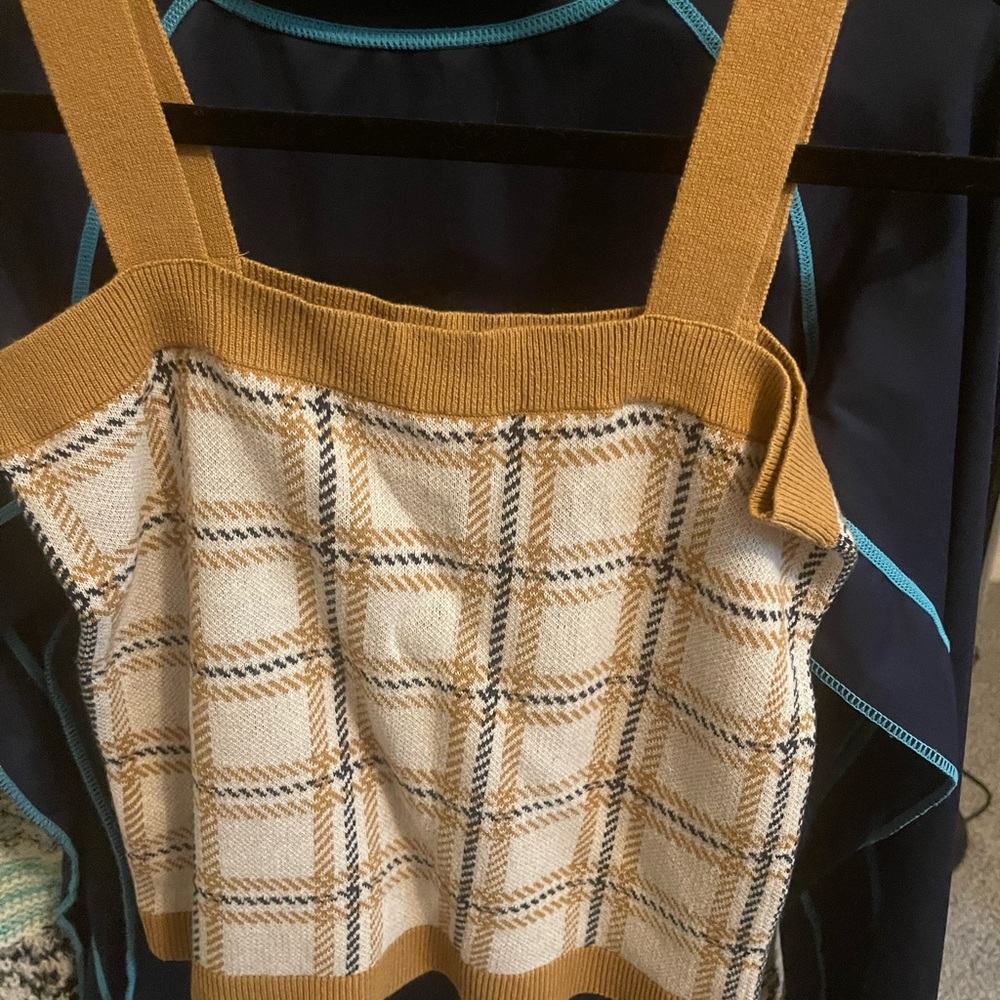 LOFT Mustard and Cream Plaid Knit Top